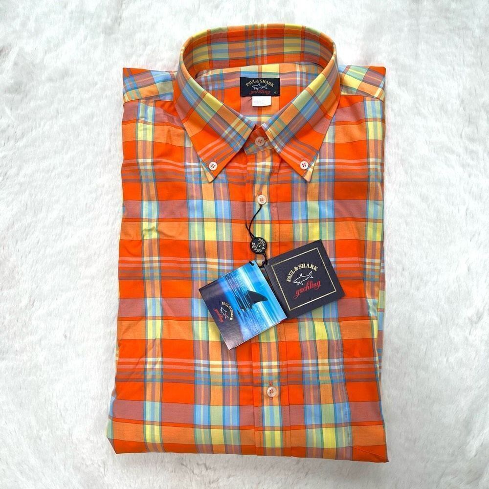 NWT Paul & Shark Yachting Button Down Dress Shirt Orange Plaid Men’s size XL